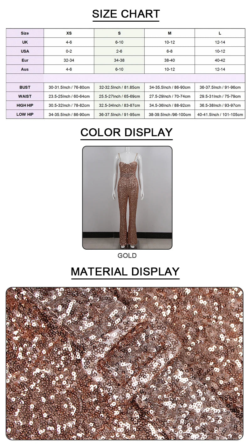 VC Women's Jumpsuits Luxury Gold Sequins Design Birthday Party Clubwear Sleeveless Spaghetti Strap Jumpsuits With Belt