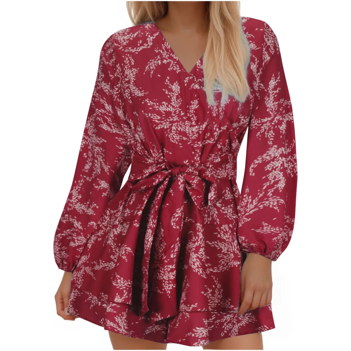 Hot-selling Women's Jumpsuits V-neck Flared Sleeves High Waist Plant Printed Pleated Lace-up Fashion High Street Playsuits