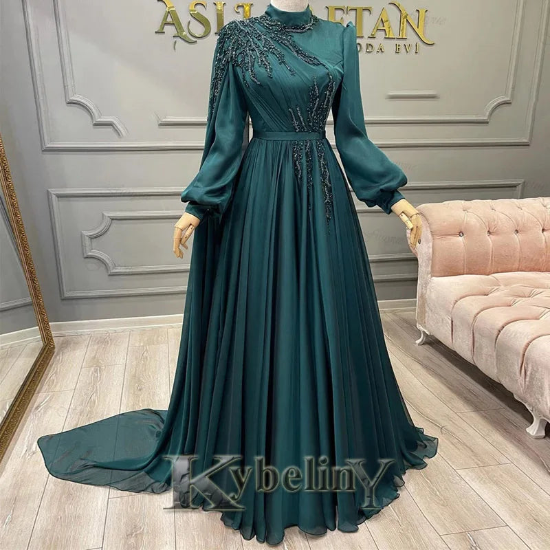 Kybeliny Fashionable Graduation Dresses for Woman High Neck Beadings Appliquse Trumpet Floor Length Pleat De Gala Customized
