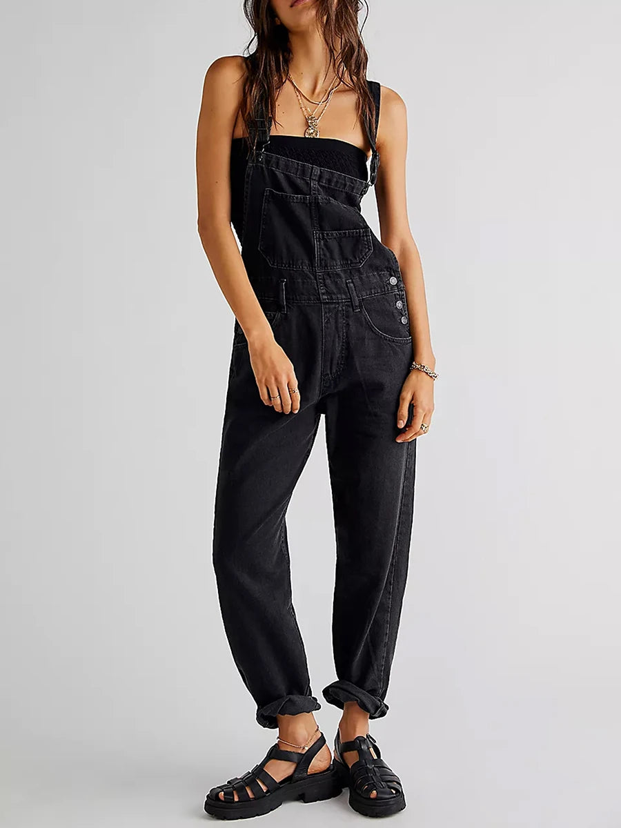 Women Spring Casual Wide Leg Denim Jumpsuits Loose Wide Strap Suspender Pocket Overalls Baggy Long Jeans Bib Pants Rompers