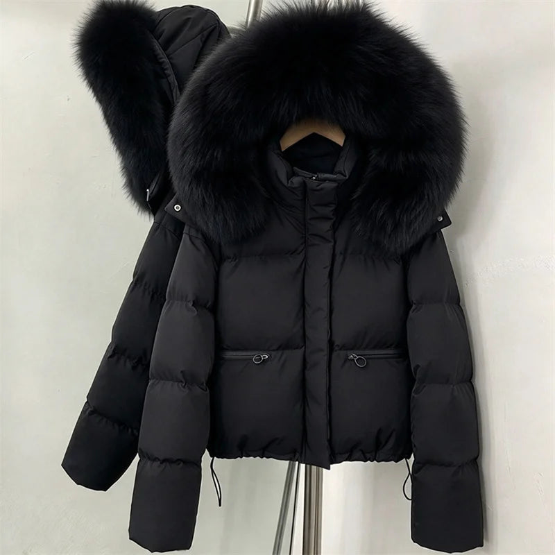 women's winter down jacket 2026 new detachable fox fur collar hooded women's down coat White duck down filled warm thick coat