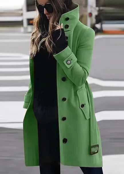 Women Autumn Winter Wool Coat Blends Overcoat Solid Color Button Turtleneck Long Sleeve Casual Fashion Winter Coat Regular