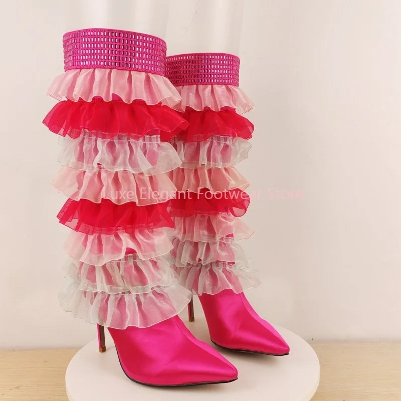Pink Satin Tulle Ruffle Mesh Rhinestone Knee High Boots Women Back Zipper Pointed Stiletto Long Boots Sweet Lovely Party Boots