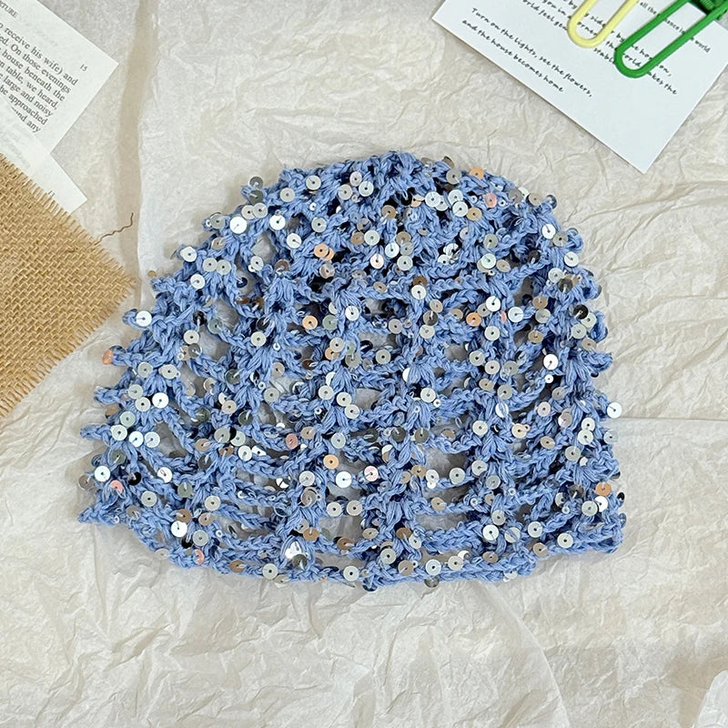 Fashion Vintage Sequined Hollow Pullover Hats Women Spring Summer Travel Photo Atmosphere Versatile Y2K Knit Beanie Hat Girl