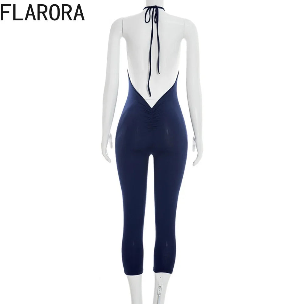 FLARORA Sexy Halter Backless Skinny Jumpsuits Woman Solid Color Slim Fit Capri Jumpsuit Hottie Midnight Street Clubwear Overalls