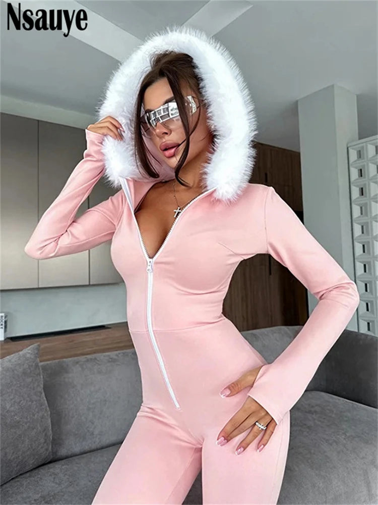 Nsauye Jumpsuits Women Long Sleeve Pullover Faux Fur Hoodies Skinny One Pieces Overalls Sexy Clubwear Sport Y2K Jumpsuit Rompers