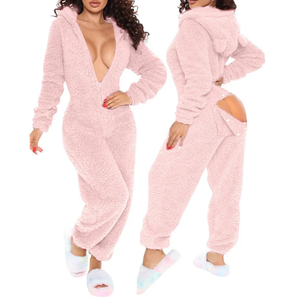 2025 Women's Winter Warm Onesies Fleece Romper Pajamas Solid Open Gear Long-Sleeve Zipper V Neck Hooded Sleepwear Sexy Homewear