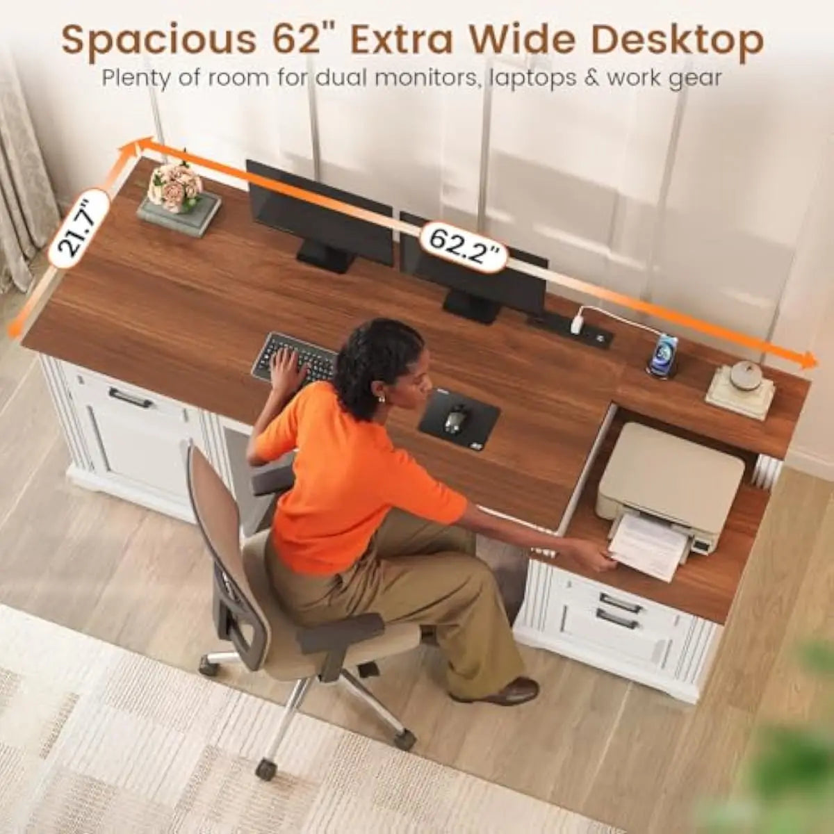 Farmhouse Executive Desk 62 Inch Wide with Integrated Power Hub 4 AC Outlets 2 USB Ports Spacious Work Surface 21.7 Depth 29.5 H