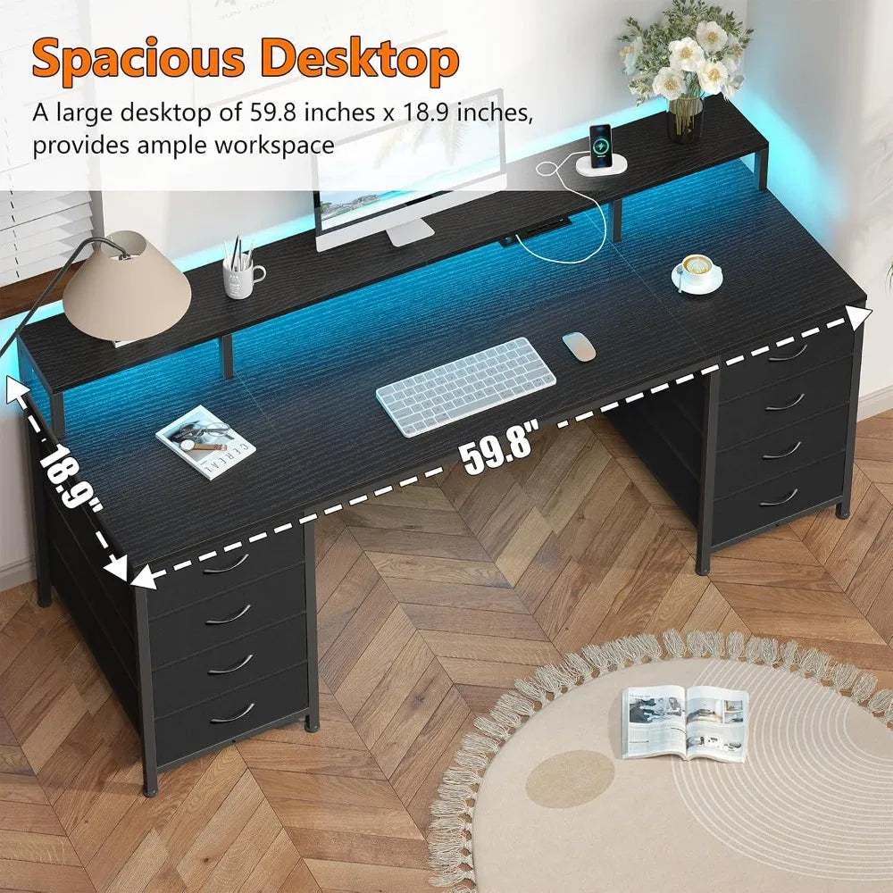 60 inch Computer Desk with 8 Drawers and Monitor Stand for Home Office Bedroom