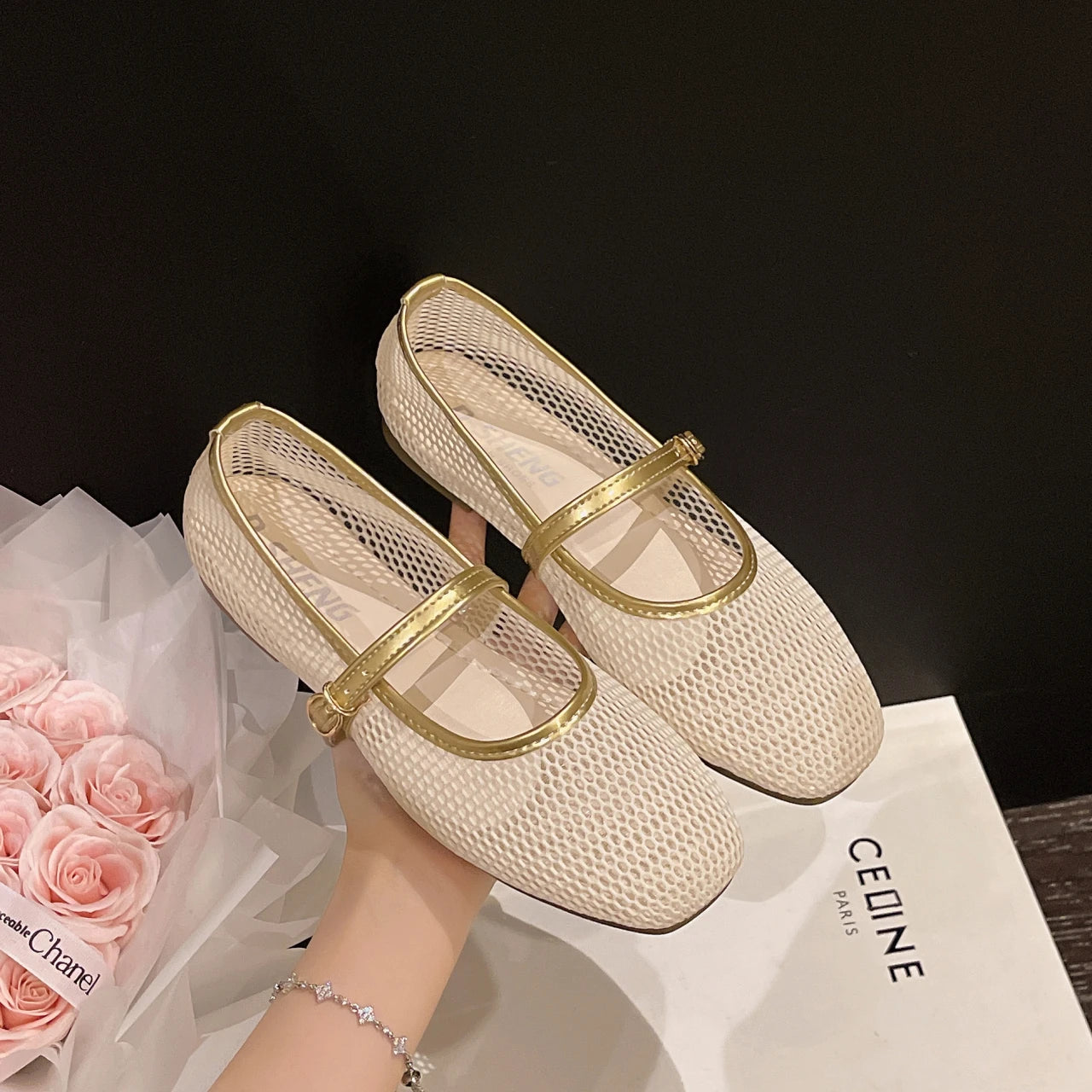 Women Luxury Sandals Flats Shallow Beach Comfort Retro Female Mary Jane Fishing Net Ballet Shoes Women's Soft Bottom Flat Hollow