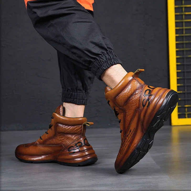 Genuine Leather Winter Boots For Men Crocodile Leather Casual Fleece Warm Shoes Motorcycle Punk Botas Male Loafer Hombre KK419