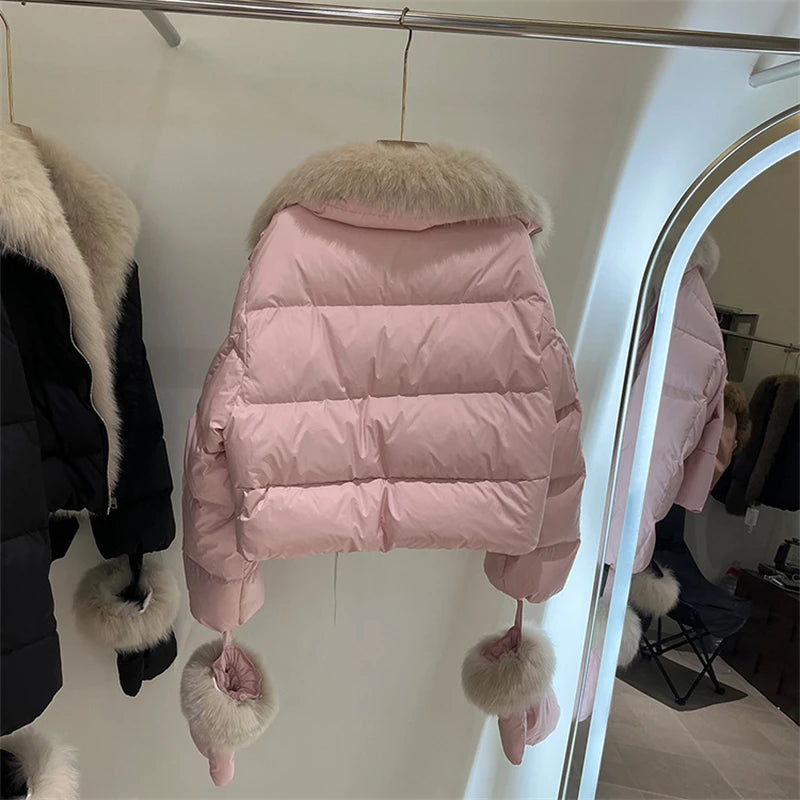 2026 Premium Women Winter Down Jacket White Goose Down Genuine Fox Fur Collar Thick Warm Luxury Coat with Matching Glove