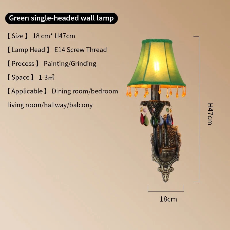 Retro American European Iron Art Red Cloth Crystal Wall Lamp for Hall Restaurant Bedroom Walkway Hotel Bar Decorative Wall Light