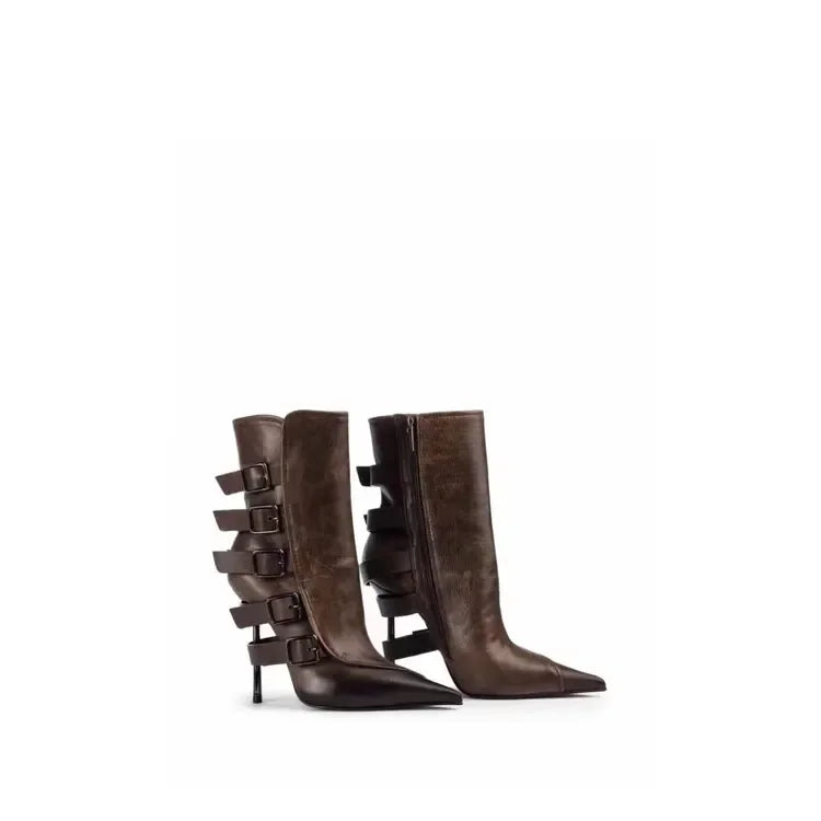 New Belt Buckle Stiletto High Heels Knee Length Boots Autumn/Winter Women's Fashion Pointed Party 34-46 Large Medium Boots