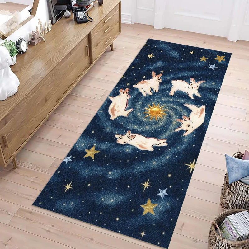 Cute Green Starry Rabbit Non-slip Soft Washable Runner Rug for Hallway Kitchen Bedroom Home Decoration