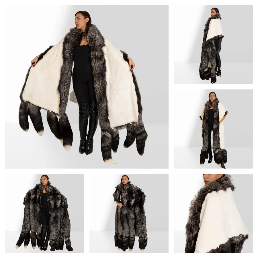 Unisex Double Face Silver Fox & White Rex Boa-Cape With Tails Real Fur Scarf Long Hot Selling Warm Natural Fur Scarf