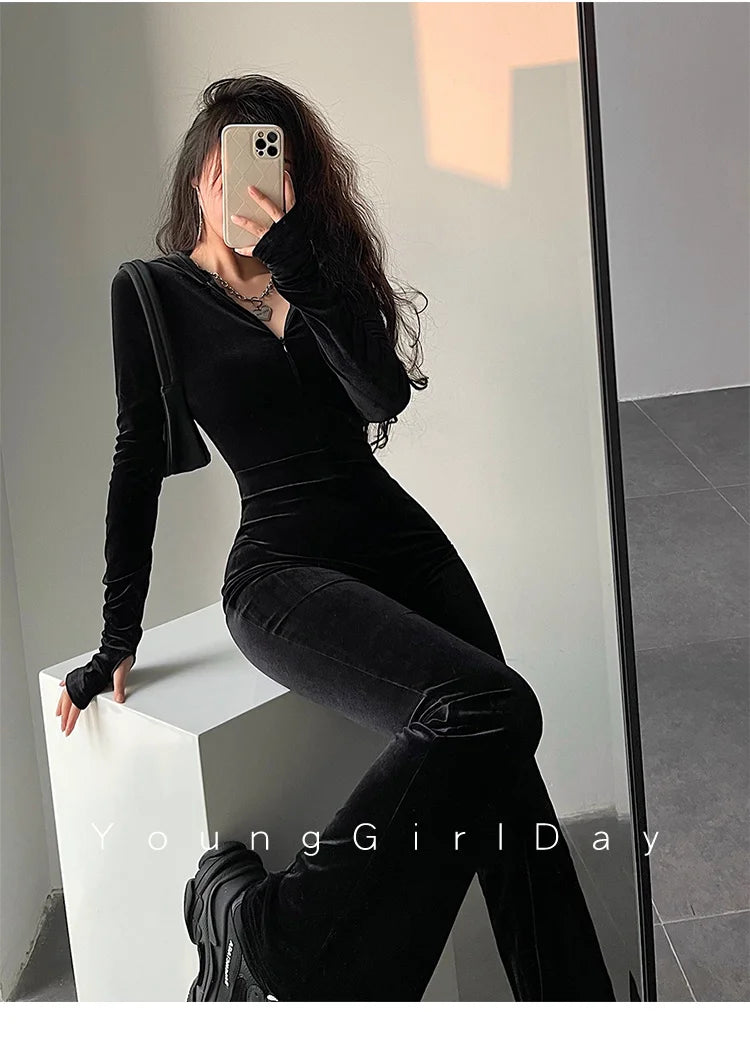 WOMENGAGA Fashion Black Velvet Slim Hooded Zipper Long Sleeve Flare Pants Jumpsuit Rompers Korean Sexy Hot Tops 2022 9P64