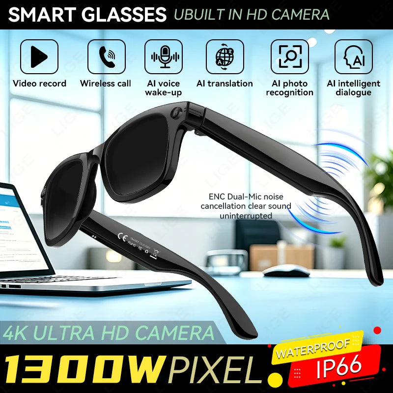 13MP HD Camera Smart Glasses AI Translation Anti-shake Photography Video Recording WIFI Transmission Bluetooth Sports Sunglasses