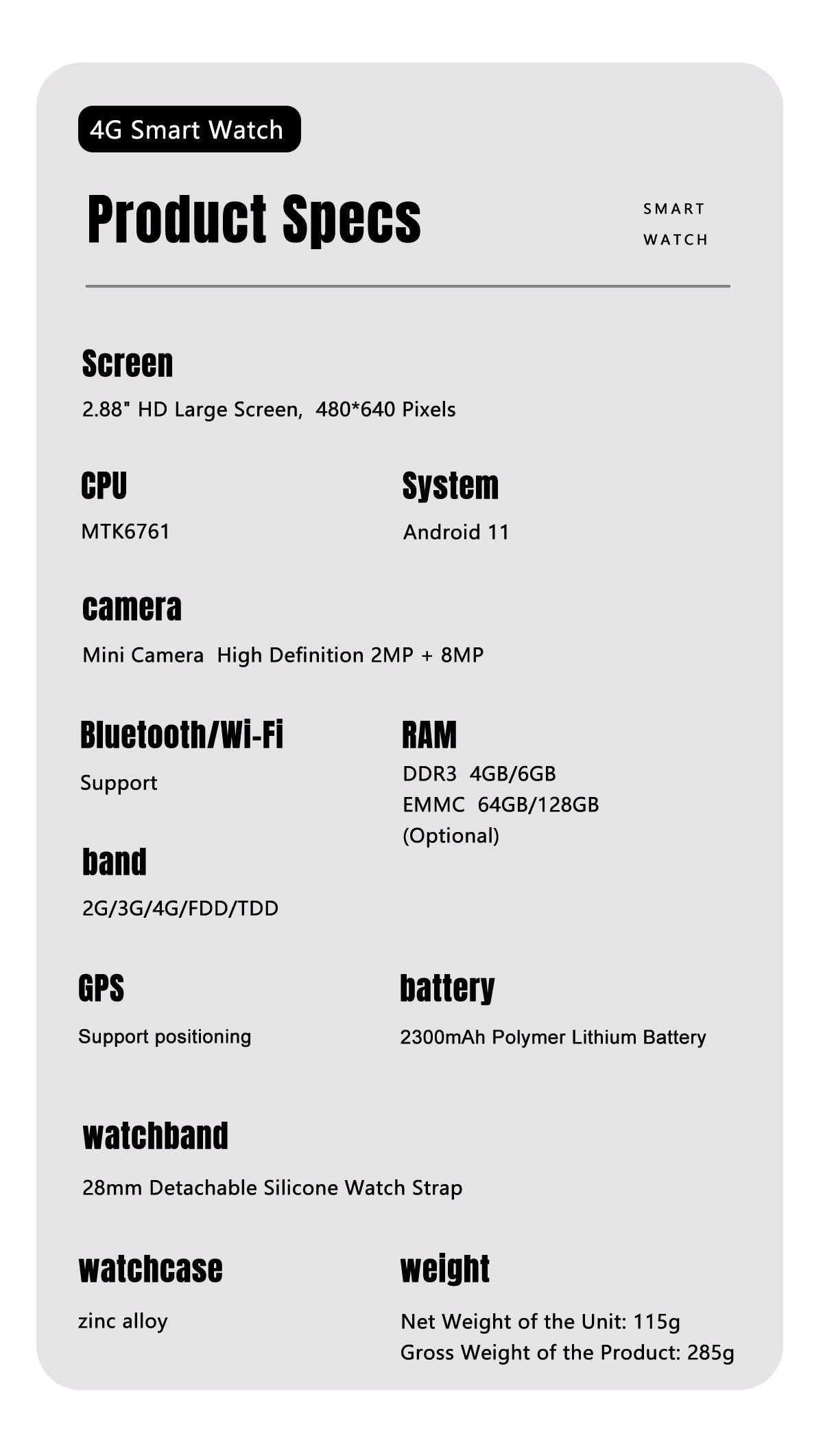Domars Smart Watch Android 11 2.88" Screen 2MP/8MP Dual Camera 4GB RAM 64GB ROM 2300mAh Men Smartwatch Women Clock