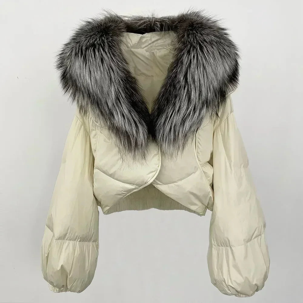 Winter Female White Duck Down Jacket Luxury Loose Short Fashion Casual Women Warm Real Fox Fur Coat Long Sleeve Puffer Jacket