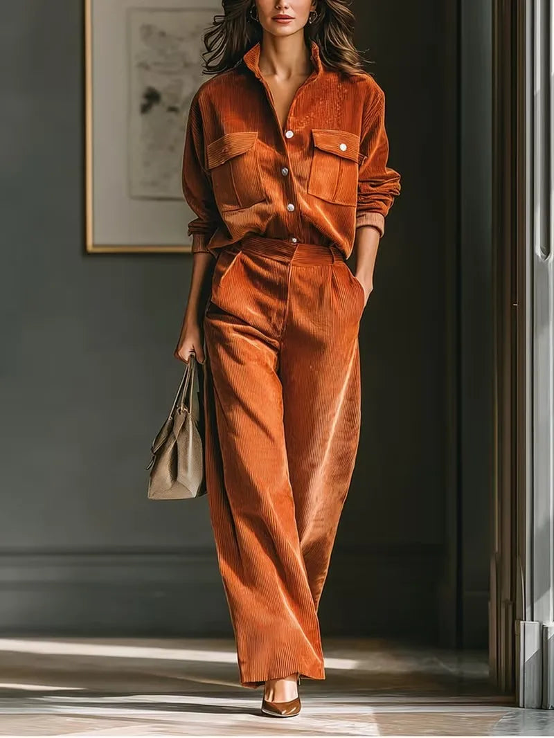 Retro Corduroy Shirt and Wide Leg Pants Matching Set, Autumn Winter Casual Blouse Top and Trousers Jumpsuit