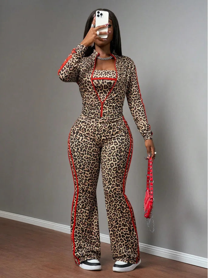 FAGADOER Women Leopard Print 3 Piece Outfit Tube Top Long Sleeve Zip Jacket High Waist Pants Sexy Y2K Clubwear Streetwear Set