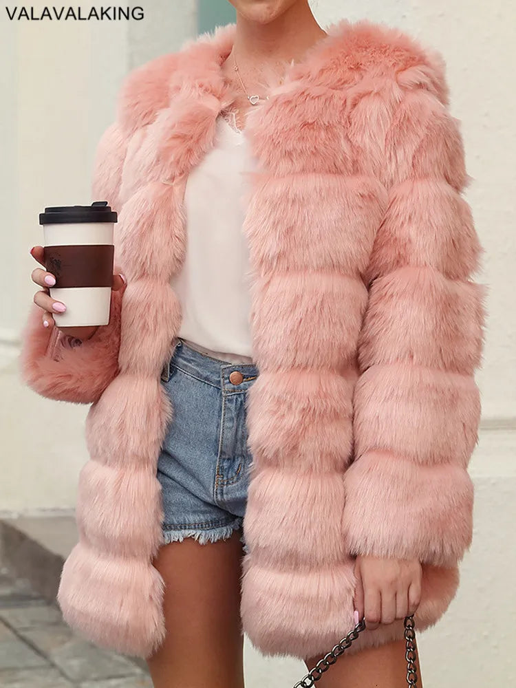 2026 Winter Long Sleeve Faux Fur Long Coat Women Elegant Pink Fluffy Outwear Jacket Lady Solid Casual Thick Warm Furry Outwear