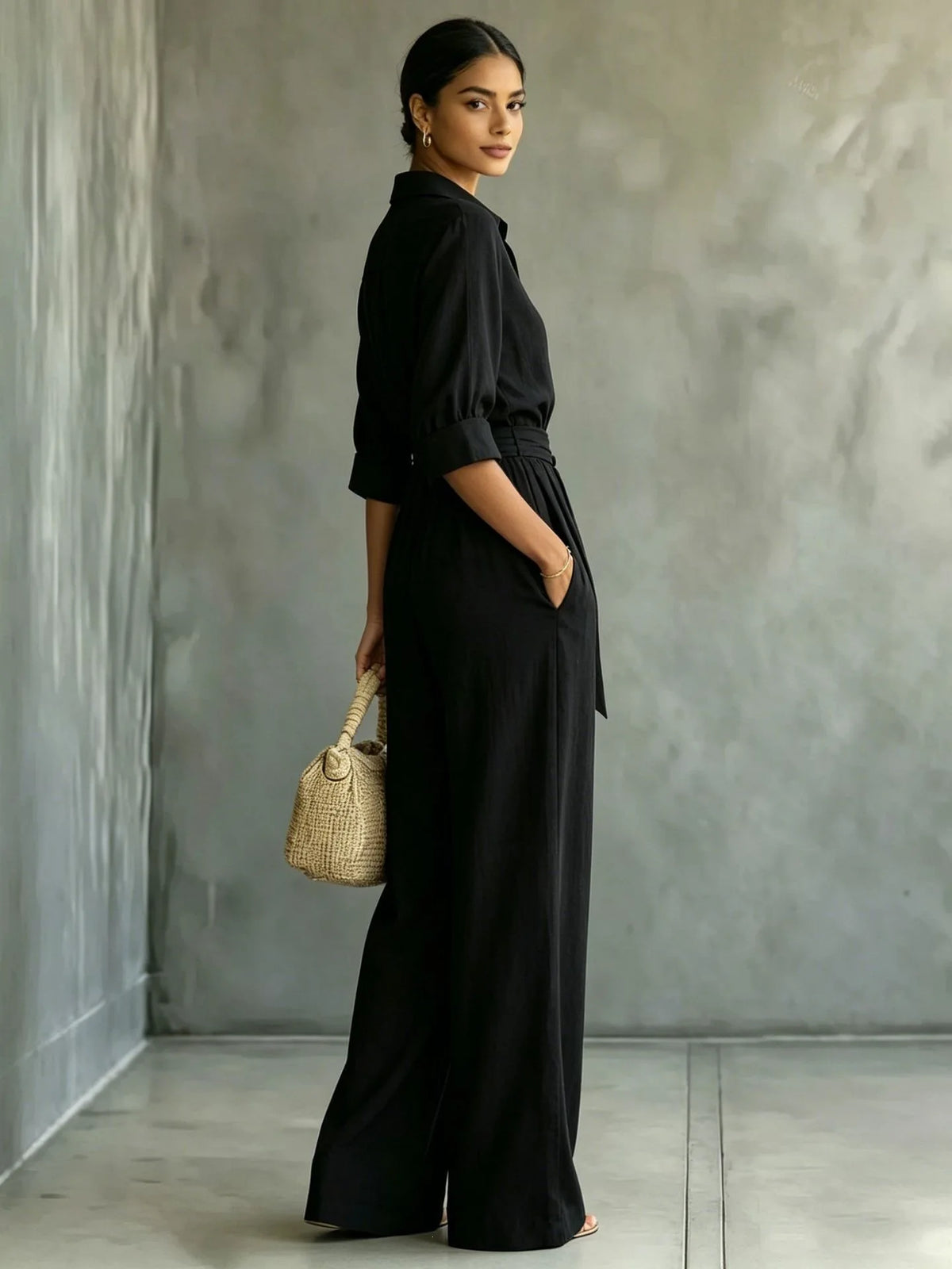 Women's Mid-sleeve Shirts Jumpsuits Spring Summer New 2026 New Fashion Elegant Waisted Lace-up Wide-leg Trousers Female Rompers