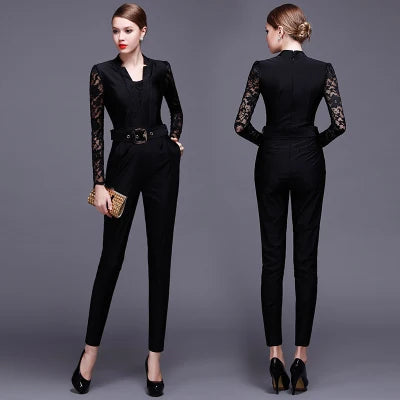 Fashion Women Long Sleeve Sexy V Neck Wide Leg Rompers Belted High Waist Jumpsuits Long Office Ladies Outfits Jumpsuit Colors