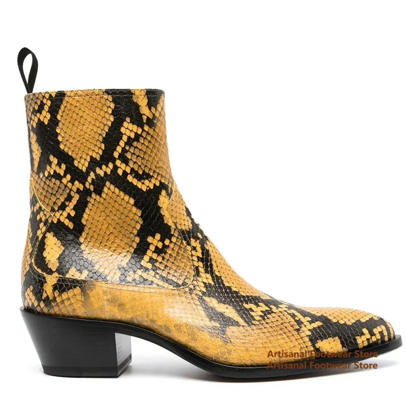 Snake Pattern Chelsea Boots Designer Side Zipper High-Top Men's Boots British Style Trendy Handmade Height Increased Men Boots