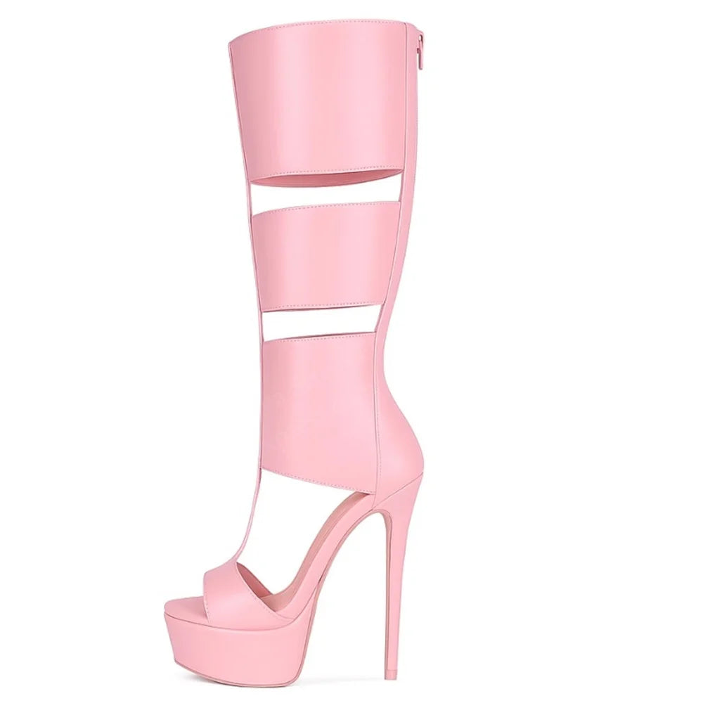 Pink Black Hollow Out Summer New Knee High Boot Women Round Toe Stiletto Heel Platform Back Zipper Elegant Party Dress Sandals