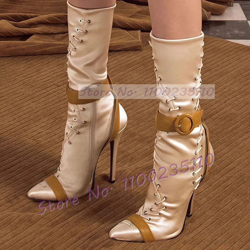 Champagne Satin Mid Calf Boots Women Novelty Pointed Toe Brown Buckle Strap Slim Shoes Splicing Sewing High Heels Side Zip Boots
