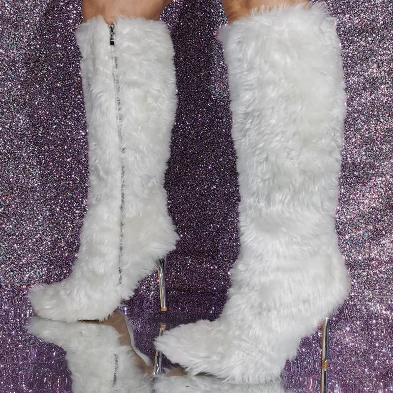 Lemon Yellow Fur Knee High Boots Women Full Fluffy Fur Pointed Toe Orange High Heels Winter Boots Female Fashion Warm Snow Shoes
