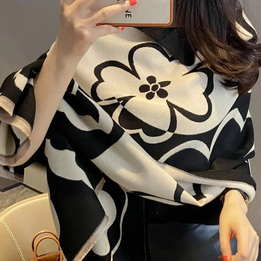 Elegant Women Flowers Soft Acrylic Cashmere Scarf Shawl Autumn Winter Neckerchief Spring Summer Travel Cape Long