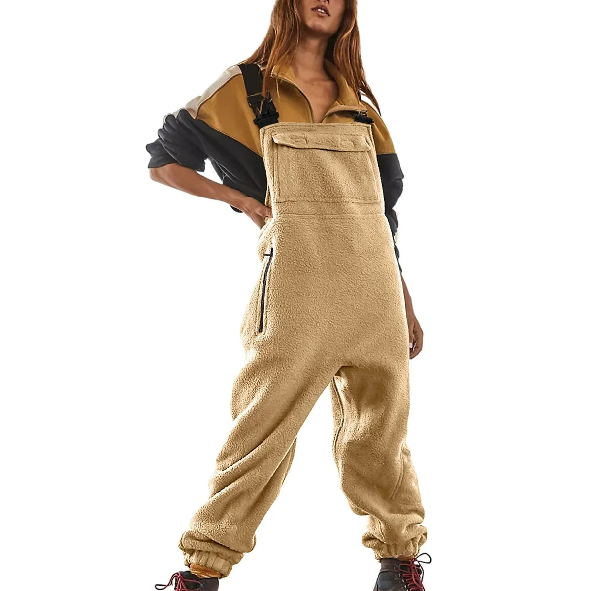 Women Fleece Warm Overalls Loose Casual Jumpsuits One-Piece Bibs Adjustable Suspender Straps Winter Fuzzy Soft Comfy Ski Pants
