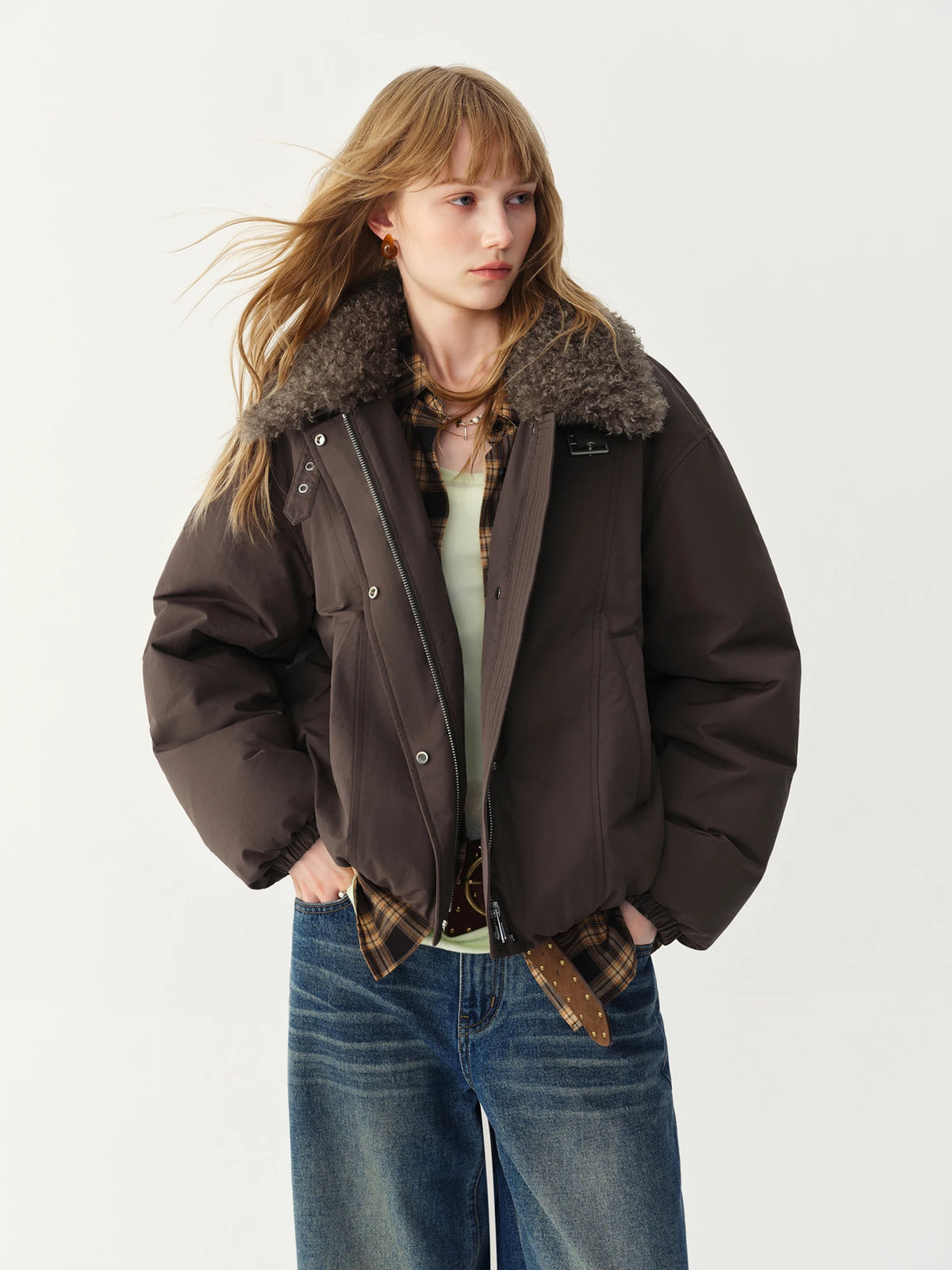 FSLE Cashmere Fur Collar Jacket Down Jacket Women Short Retro Barn Style 2026 Winter New Arrival Chic Personality