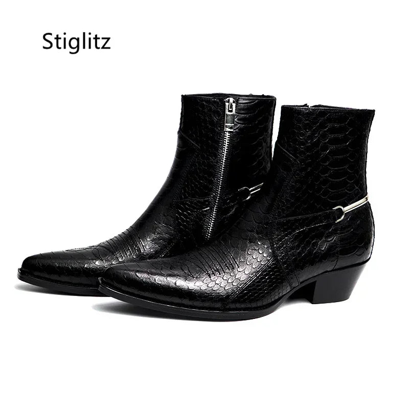 Genuine Leather Embroidery Men's Boots Pointy Chelsea Boots Snakeskin Metal Decor Chunky Heeled Ankle Boots Party Male Shoes
