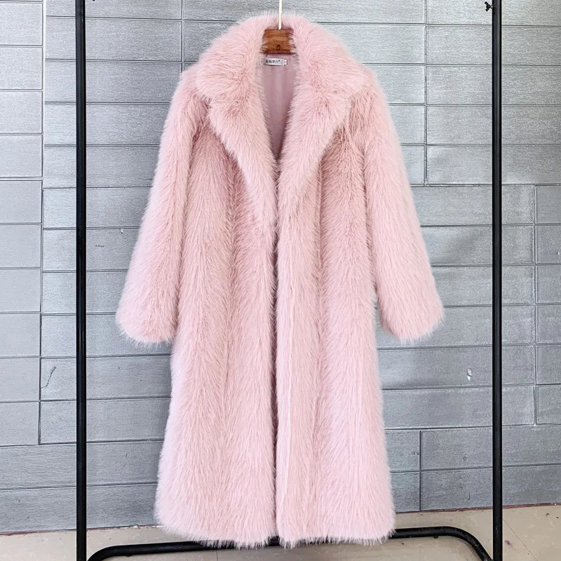 Women's Autumn Winter Long Maxi Faux Fur Coat Notched Lapel Collar Oversized Long Sleeve Pockets Thick Lady Warm Winter Overcoat