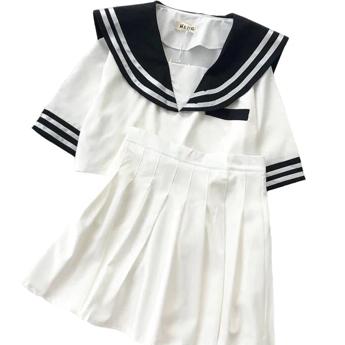 Japanese New Sailor Suit White and Navy Summer Women Student JK Uniform Suit College Style Girls Short Top Pleated Skirt Sets