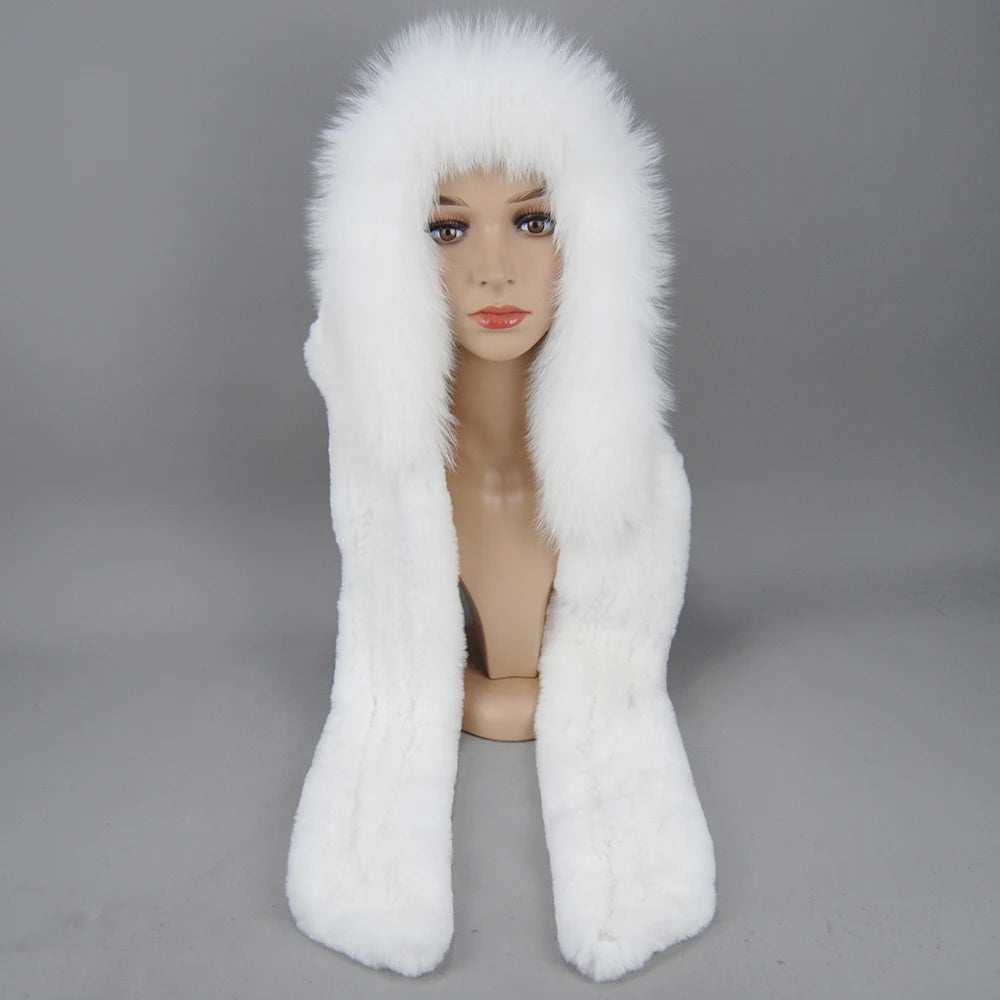 Lady Warm Fluffy Real Rex Rabbit Fur Hat Scarf Luxury Knit Fur Caps Muffler Winter Thick Women 100% Natural Fox Fur Hat Scarves