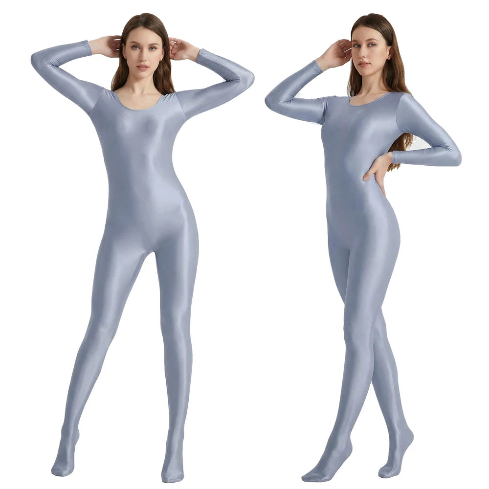 Women's Smooth Glossy High-Elastic Round Neck One Piece Catsuit Long Sleeve Zentai Jumpsuits Cosplay Performance Tights Bodysuit