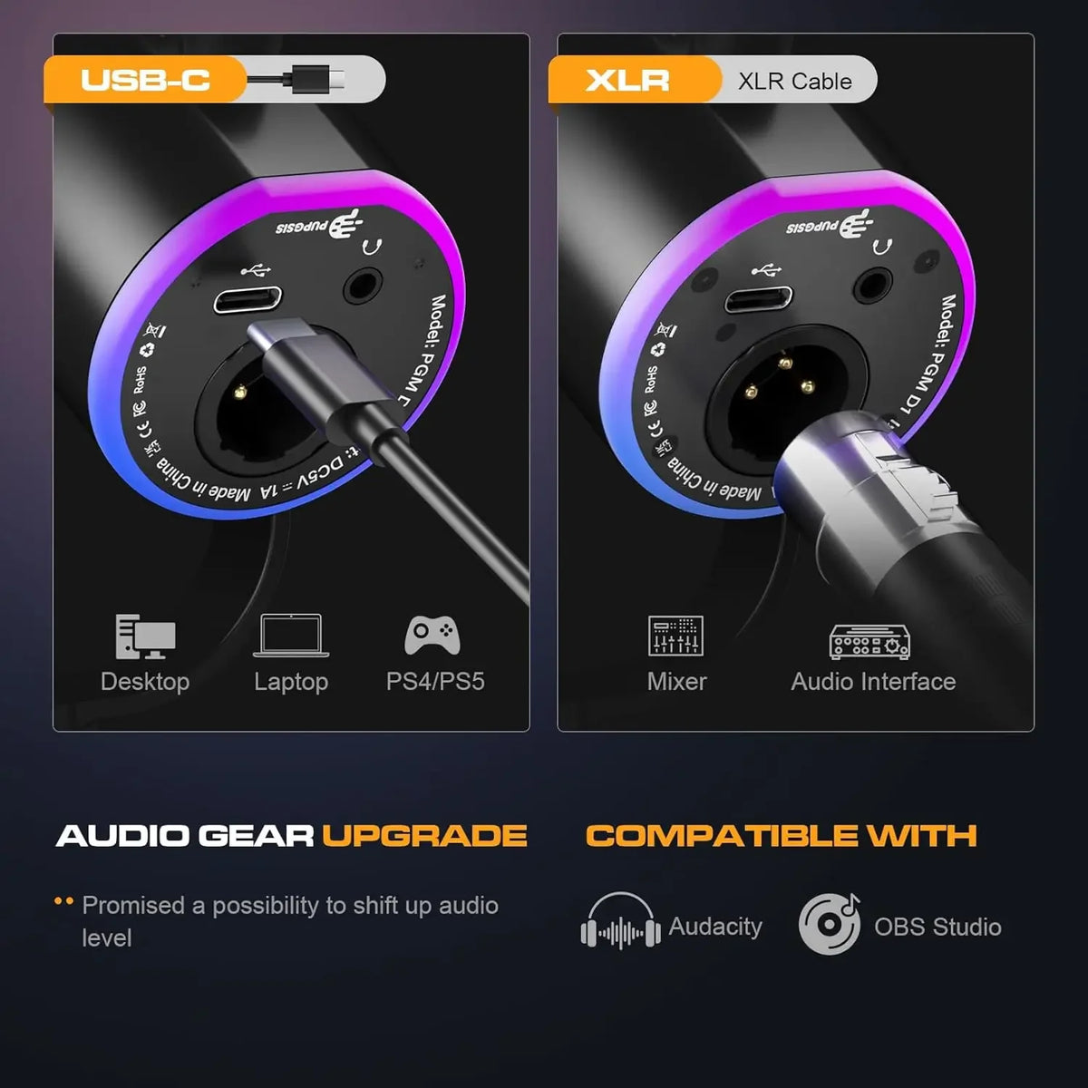 XLR/USB Gaming Microphone Kit: Dynamic PC Mic for Streaming Podcasting, Mute Button, Reverb Effects, RGB Computer Mic with Arm