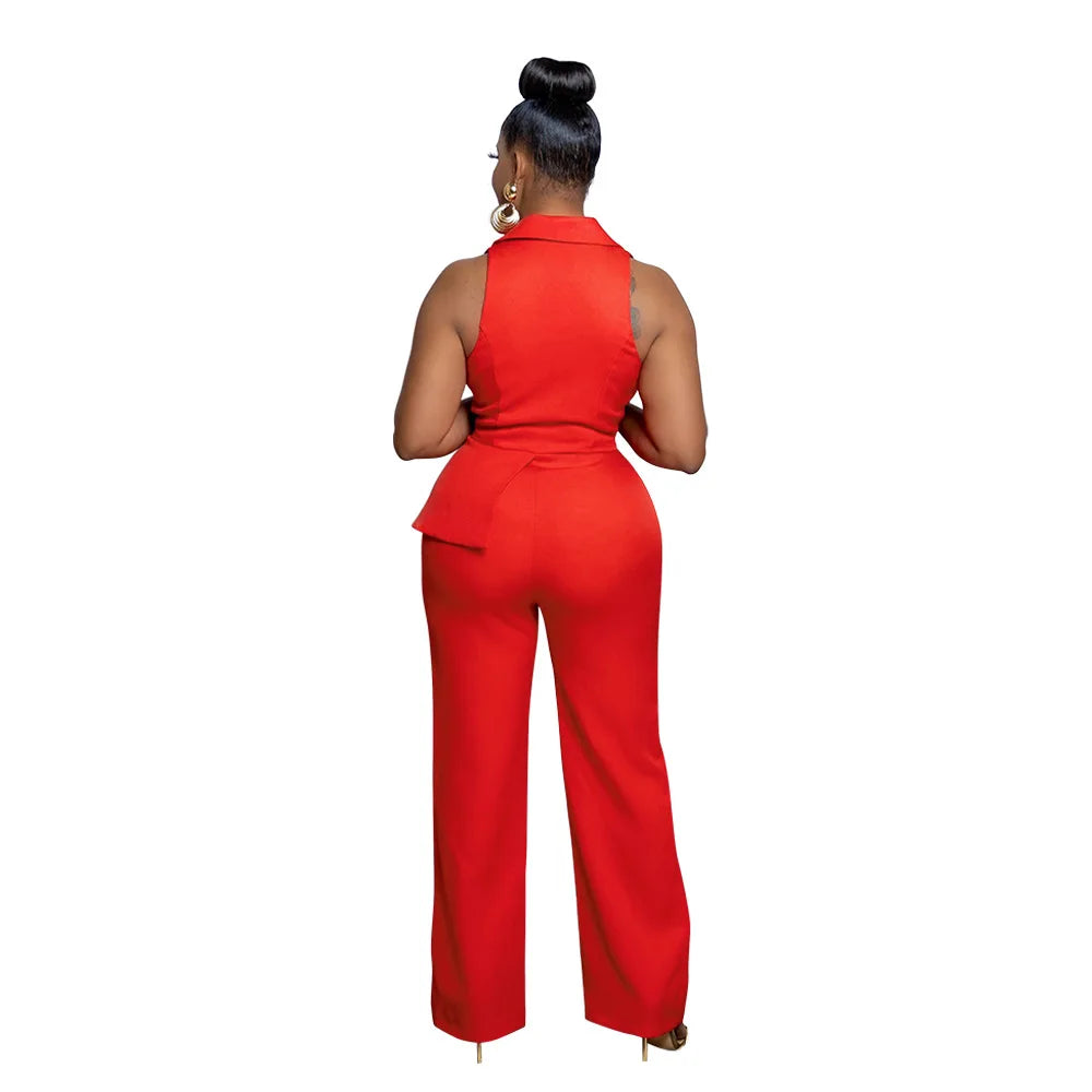 CMYAYA Elegant Womenv-neck High Waist Straight Sleeveless Blazer Jumpsuits 2024 Fall Street Chain Office Lady Party Rompers