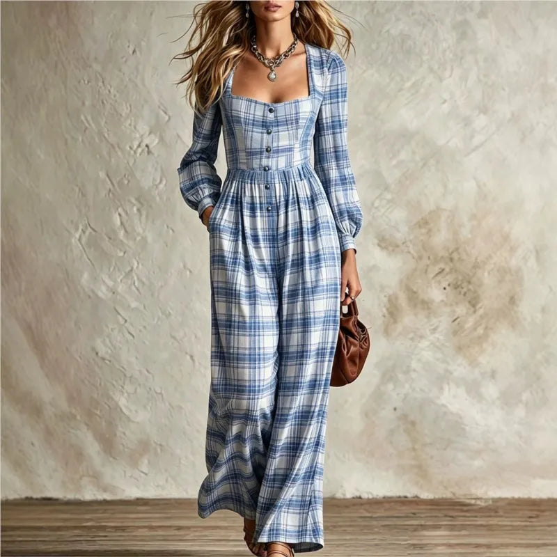 Retro Plaid Print Jumpsuit Square Neck Long Sleeve Jumpsuit Autumn New Waist Single Breasted Pocket Wide Leg Female Rompers 2026