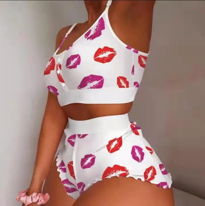 Summer Pajama Sets for Women Sleepwear Strawberry Printed Lace Sling Crop Tops and Shorts 2-Piece Set Loungewear Pijamas