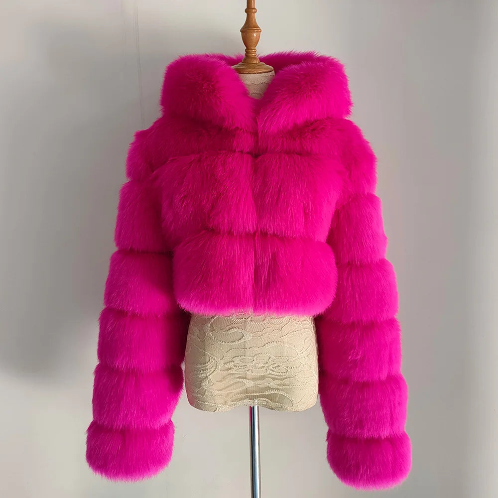 2026 Women Winter Plus Size Faux Fur Croped Coat Female Furry Hooded Long Sleeve Plush Jacket Lady Fake Fur Warm Fluffy Cardigan