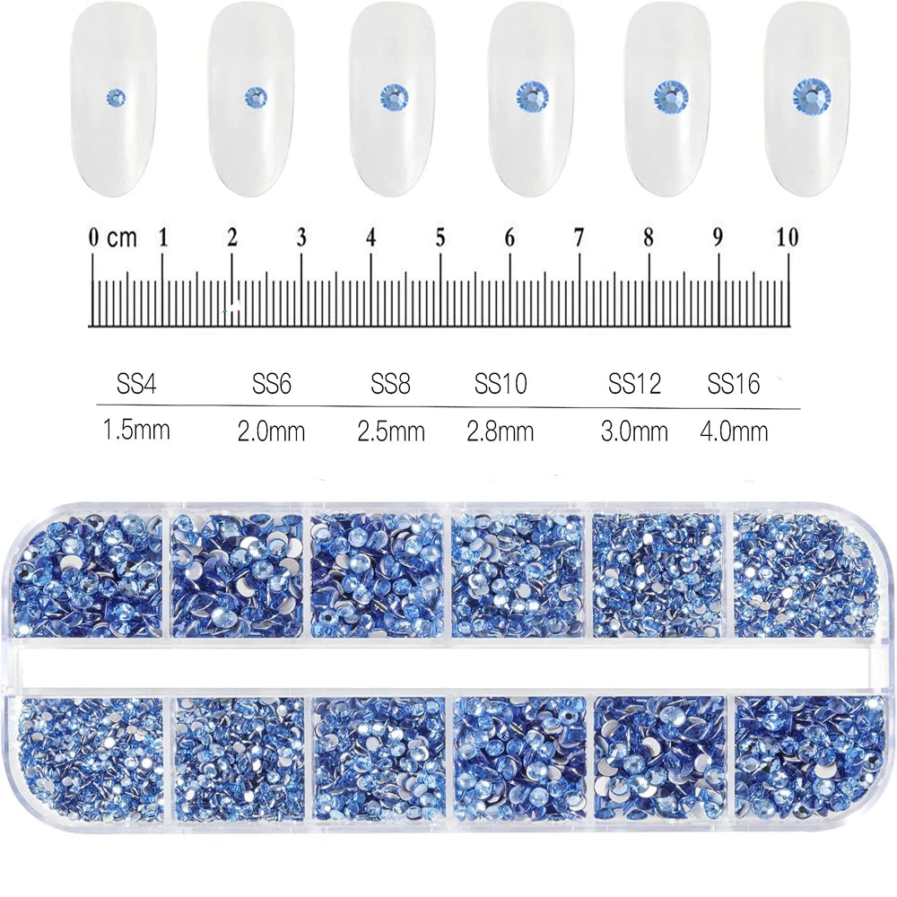 12Gird 3D Glass AB Crystal Nail Art Rhinestones Kit Flatback Round Bead Charm Gem Stones Jewelry Diamond with Tools for Nail Art