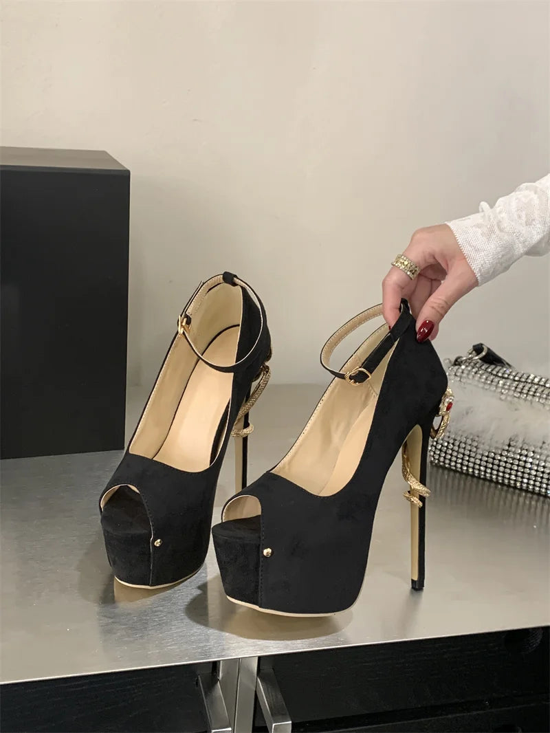 Liyke Sexy Metal Snake Shape Thin Heeled Sandals Women Peep Toe Buckle Strap Platform High Heels Party Stripper Shoes Size 35-42