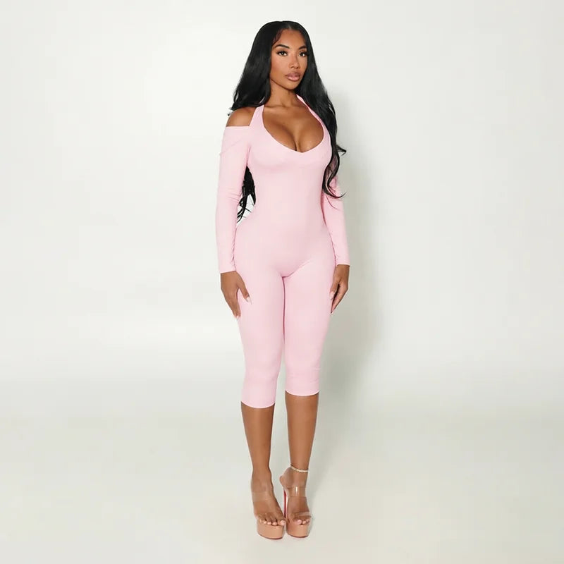 Sexy hot girl hanging neck, exposed back, slim fit, slimming jumpsuit, cropped pants