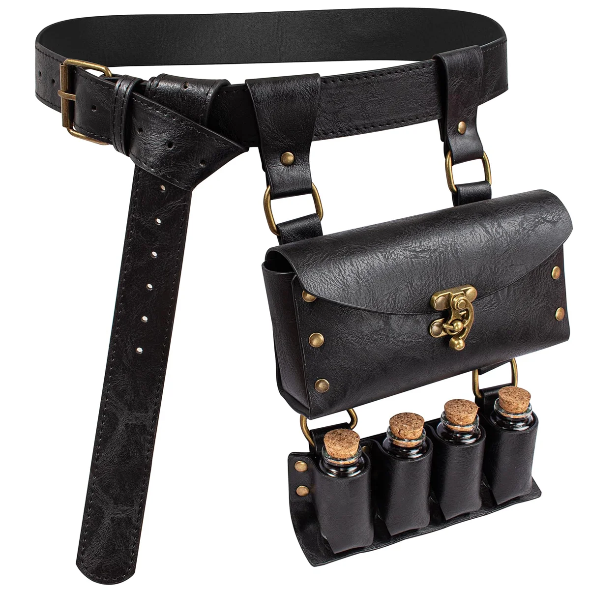 Renaissance Leather Belt Medieval Wizard Alchemy Glass Magic Bottle Cork Bottle Stopper Copper Coin Waist Bag Cosplay Belt